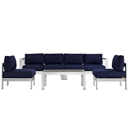 Shore 5 Piece Outdoor Aluminum Sectional Sofa Set - Silver Navy