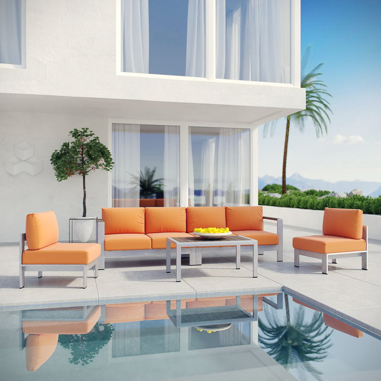 Shore 5 Piece Outdoor Aluminum Sectional Sofa Set - Silver Orange