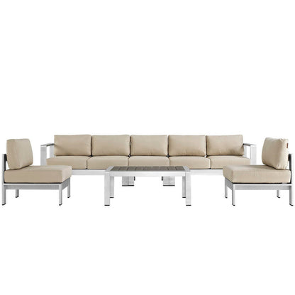 Shore 6 Piece Outdoor Aluminum Sectional Sofa Set - Silver Beige