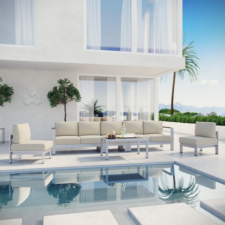 Shore 6 Piece Outdoor Aluminum Sectional Sofa Set - Silver Beige