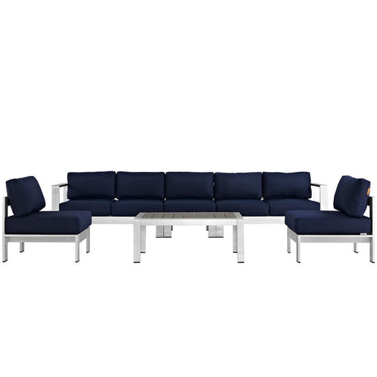 Shore 6 Piece Outdoor Aluminum Sectional Sofa Set - Silver Navy
