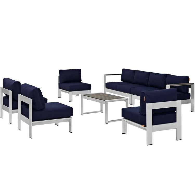 Shore 7 Piece Outdoor Sectional Sofa Set - Silver Navy