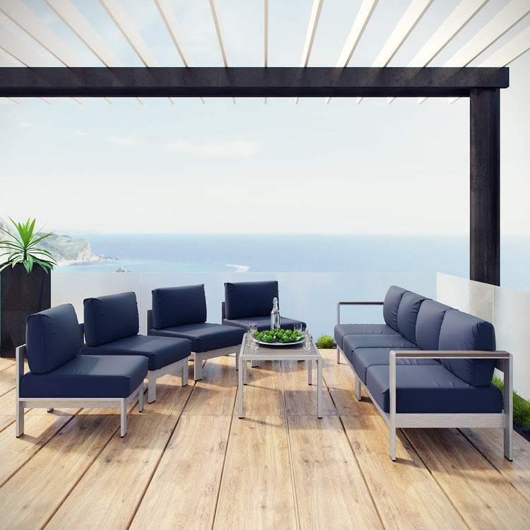 Shore 7 Piece Outdoor Sectional Sofa Set - Silver Navy