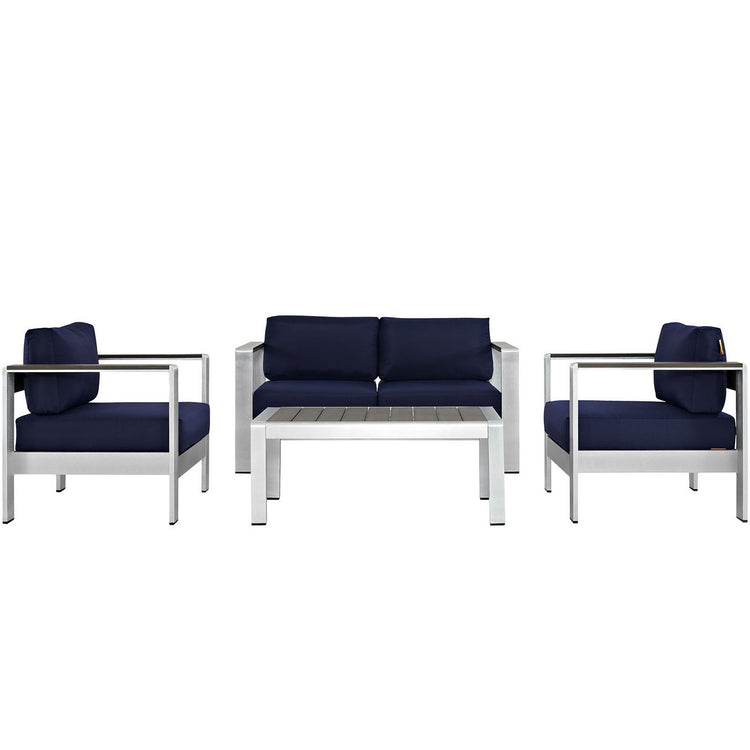 Shore 4 Piece Outdoor Patio Aluminum Sectional Sofa Set - Silver Navy