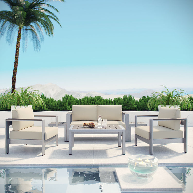 Shore 6 Piece Outdoor Patio Aluminum Sectional Sofa Set - Silver Beige