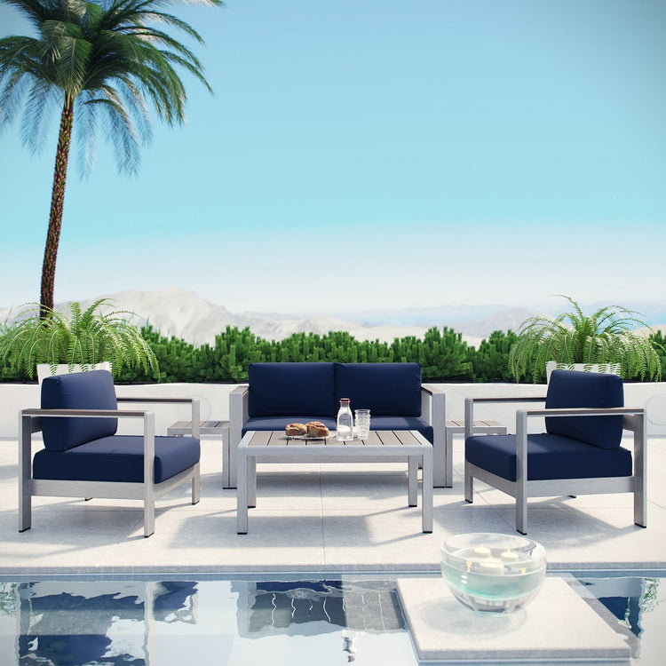 Shore 6 Piece Outdoor Patio Aluminum Sectional Sofa Set - Silver Navy