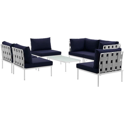 Harmony 7 Piece Outdoor Patio Aluminum Sectional Sofa Set - White Navy