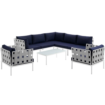 Harmony 8 Piece Outdoor Patio Aluminum Sectional Sofa Set - White Navy