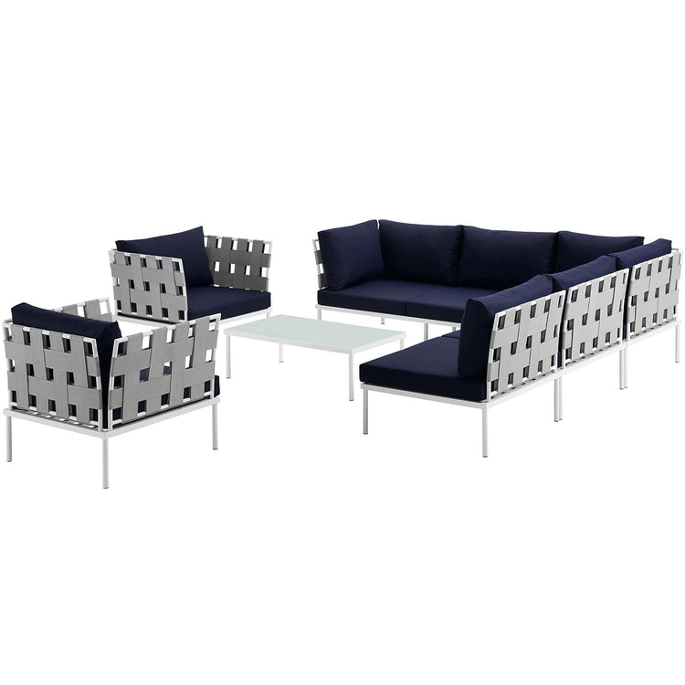 Harmony 8 Piece Outdoor Patio Aluminum Sectional Sofa Set - White Navy