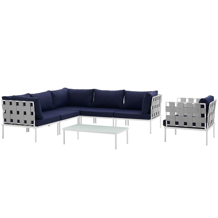 Harmony 7 Piece Outdoor Patio Aluminum Sectional Sofa Set - White Navy