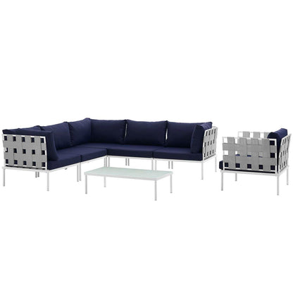 Harmony 7 Piece Outdoor Patio Aluminum Sectional Sofa Set - White Navy