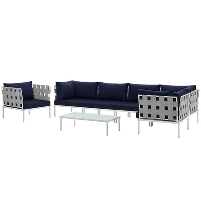 Harmony 7 Piece Outdoor Patio Aluminum Sectional Sofa Set - White Navy