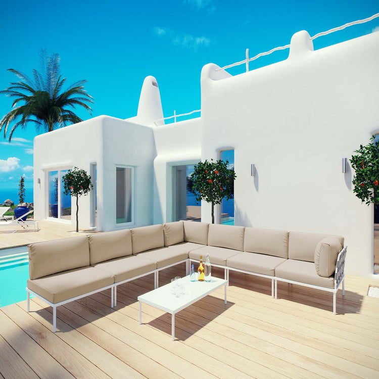 Harmony 8 Piece Outdoor Patio Aluminum Sectional Sofa Set - White Beige