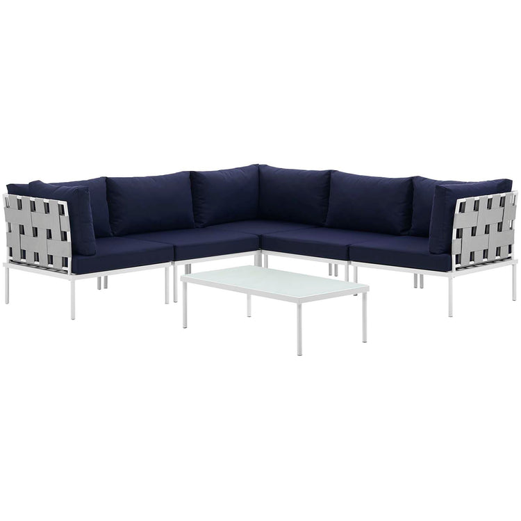 Harmony 6 Piece Outdoor Patio Aluminum Sectional Sofa Set - White Navy
