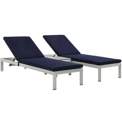 Shore 3 Piece Outdoor Patio Aluminum Chaise with Cushions - Silver Navy