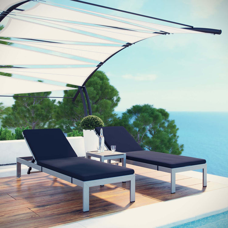 Shore 3 Piece Outdoor Patio Aluminum Chaise with Cushions - Silver Navy
