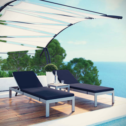 Shore 3 Piece Outdoor Patio Aluminum Chaise with Cushions - Silver Navy