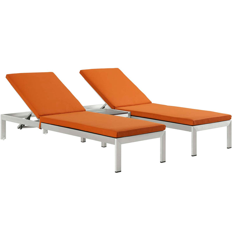 Shore 3 Piece Outdoor Patio Aluminum Chaise with Cushions - Silver Orange