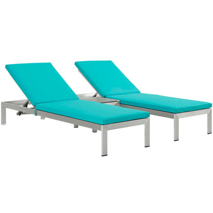 Shore 3 Piece Outdoor Patio Aluminum Chaise with Cushions - Silver Turquoise