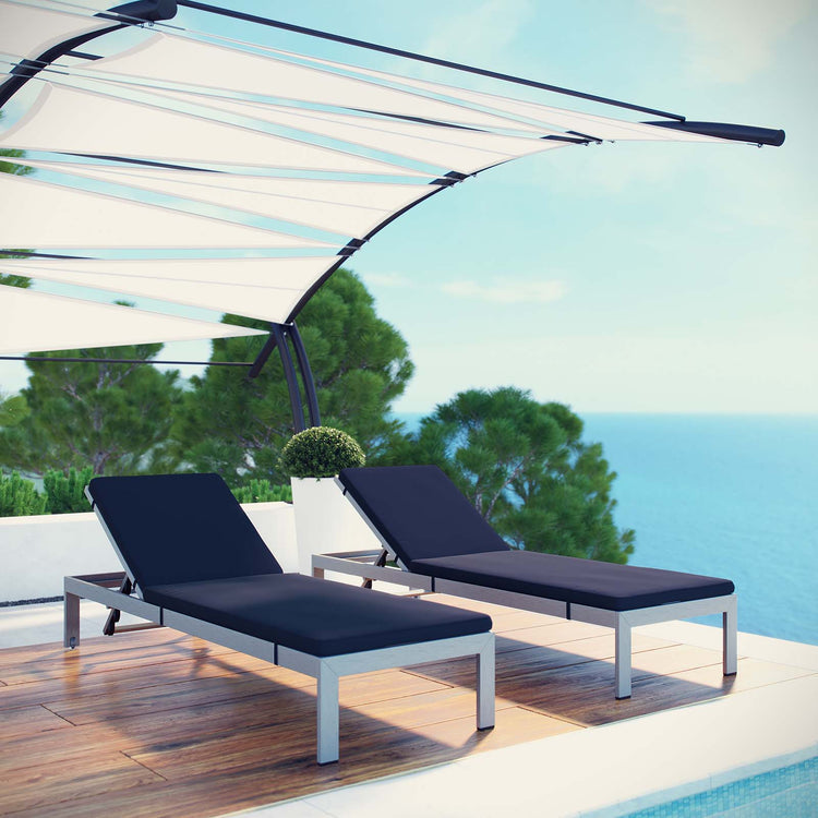 Shore Outdoor Patio Aluminum Chaise with Cushions Set of 2 - Silver Navy