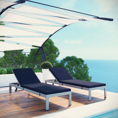 Shore Outdoor Patio Aluminum Chaise with Cushions Set of 2 - Silver Navy