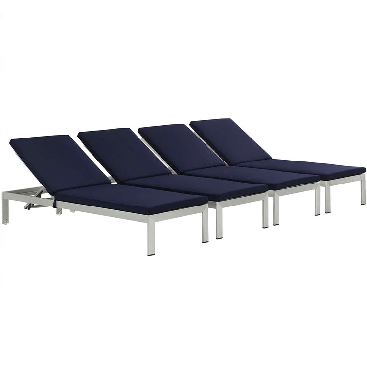 Shore Outdoor Patio Aluminum Chaise with Cushions Set of 4 - Silver Navy
