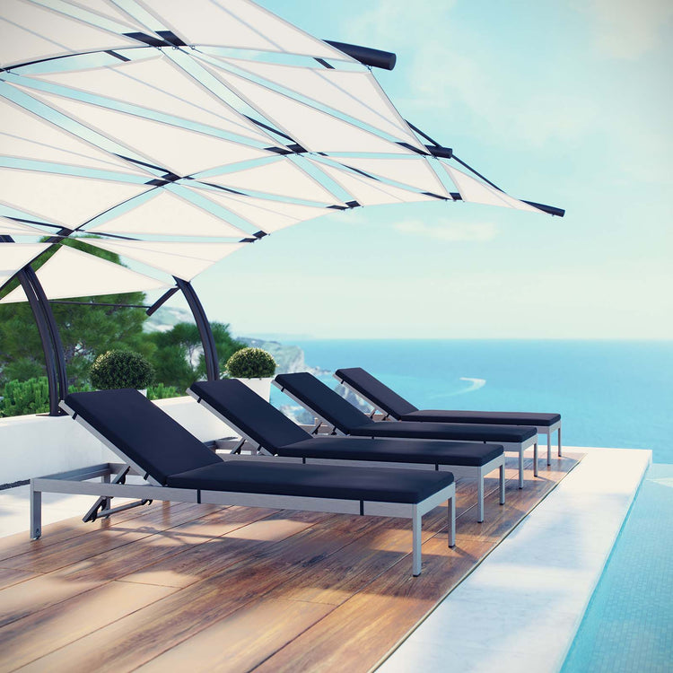 Shore Outdoor Patio Aluminum Chaise with Cushions Set of 4 - Silver Navy