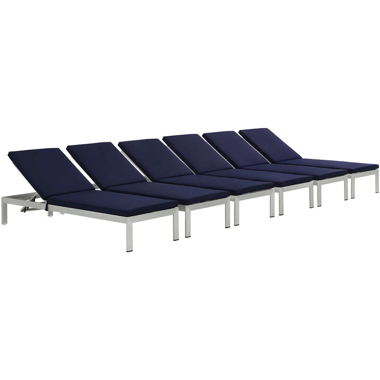 Shore Outdoor Patio Aluminum Chaise with Cushions Set of 6 - Silver Navy