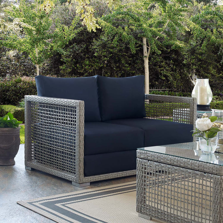 Aura Outdoor Patio Wicker Rattan Loveseat - Gray Navy
