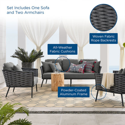 Stance 3 Piece Outdoor Patio Aluminum Sectional Sofa Set - Gray Charcoal