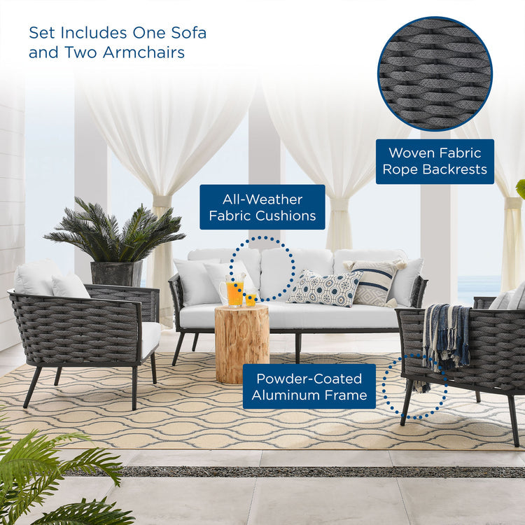 Stance 3 Piece Outdoor Patio Aluminum Sectional Sofa Set - Gray White