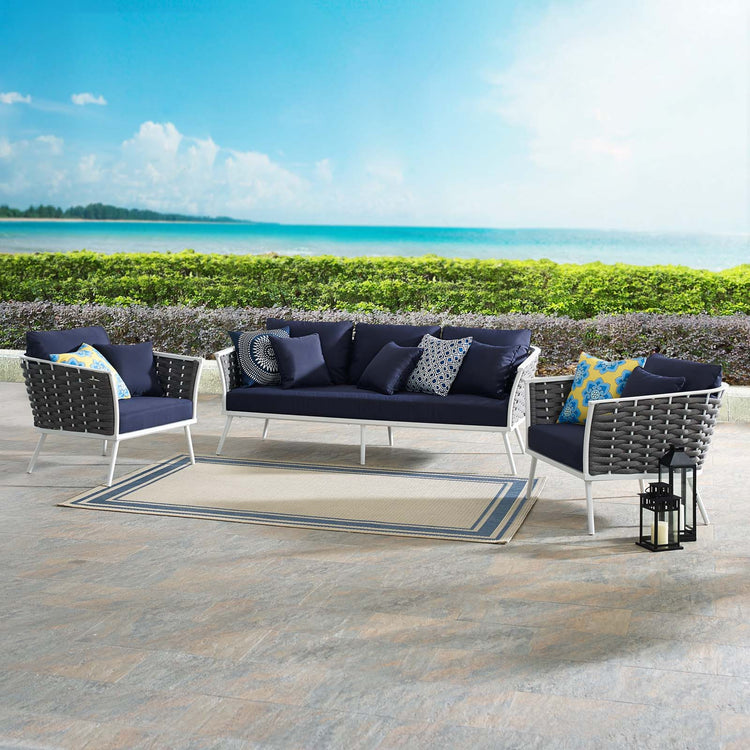 Stance 3 Piece Outdoor Patio Aluminum Sectional Sofa Set - White Navy