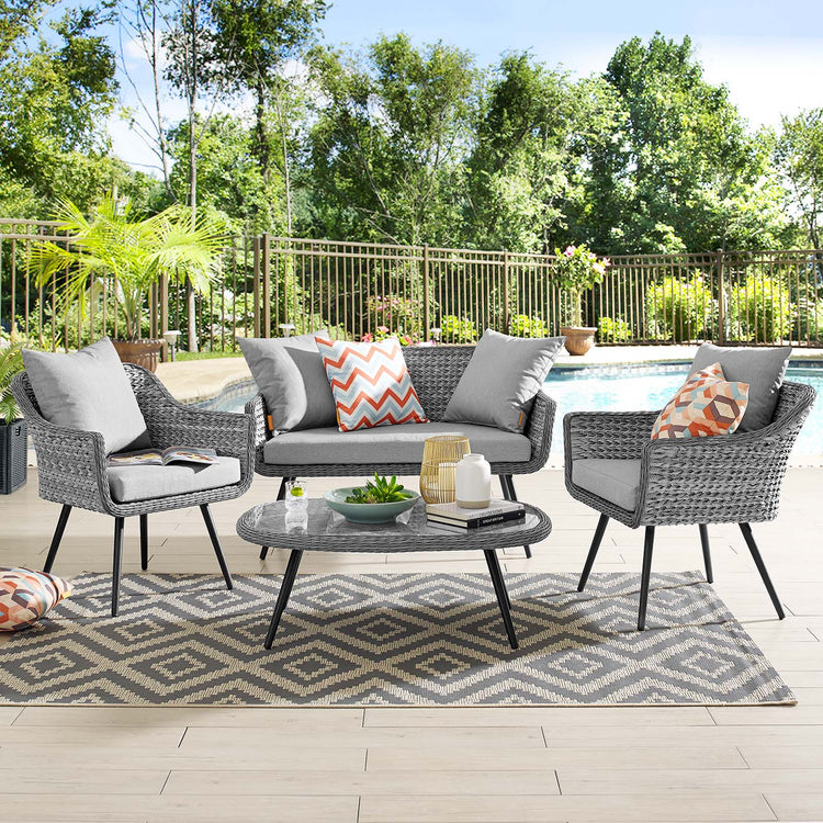 Endeavor 4 Piece Outdoor Patio Wicker Rattan Loveseat Armchair and Coffee Table Set - Default Title
