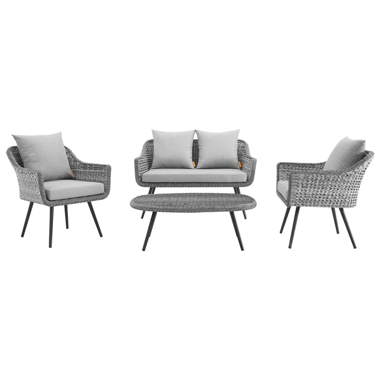 Endeavor 4 Piece Outdoor Patio Wicker Rattan Loveseat Armchair and Coffee Table Set - Default Title
