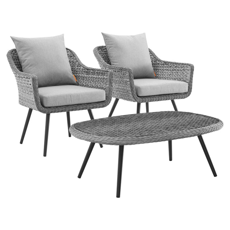 Endeavor 3 Piece Outdoor Patio Wicker Rattan Armchair and Coffee Table Set - Default Title