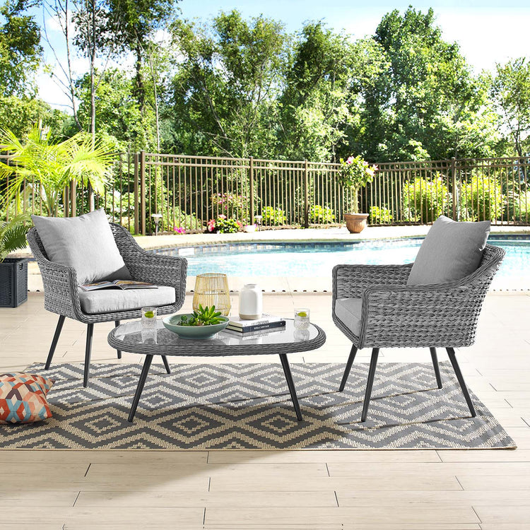 Endeavor 3 Piece Outdoor Patio Wicker Rattan Armchair and Coffee Table Set - Default Title