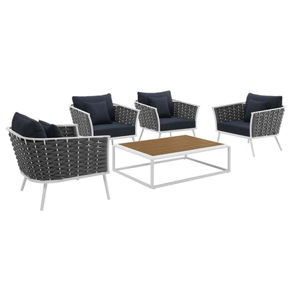 Stance 5 Piece Outdoor Patio Aluminum Sectional Sofa Set - White Navy