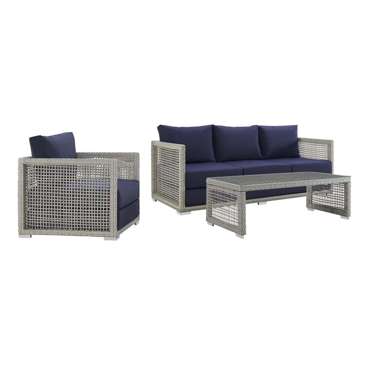 Aura 3 Piece Outdoor Patio Wicker Rattan Set - Gray Navy