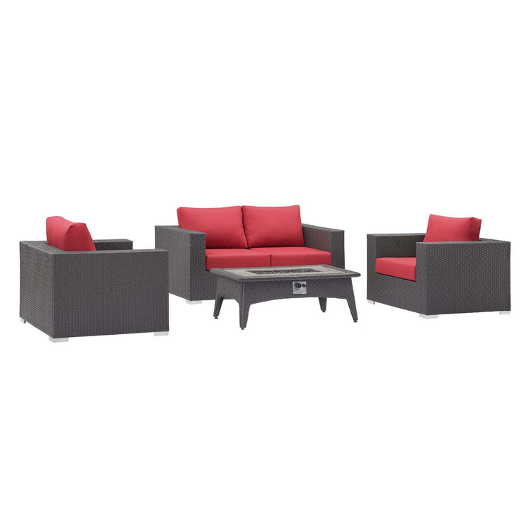 Convene 4 Piece Set Outdoor Patio with Fire Pit - Espresso Red
