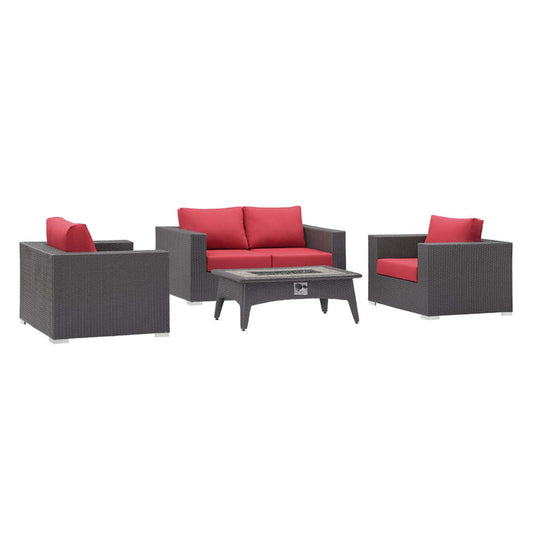 Convene 4 Piece Set Outdoor Patio with Fire Pit - Espresso Red
