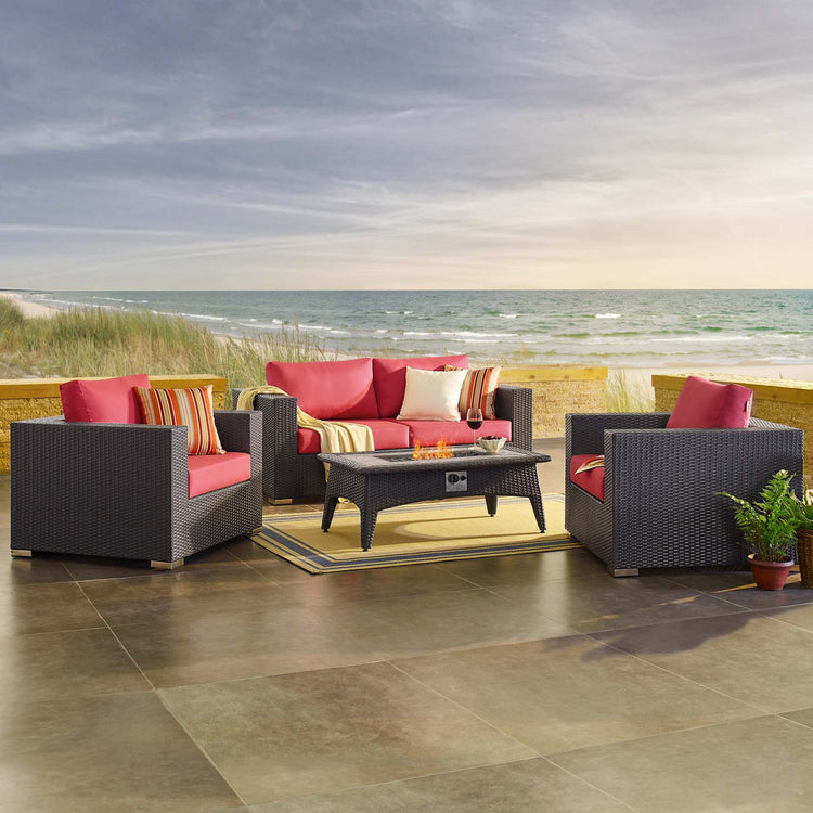 Convene 4 Piece Set Outdoor Patio with Fire Pit - Espresso Red