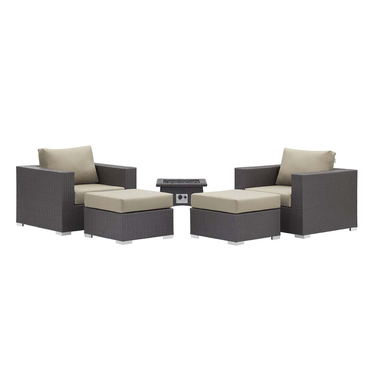 Convene 5 Piece Set Outdoor Patio with Fire Pit - Espresso Beige