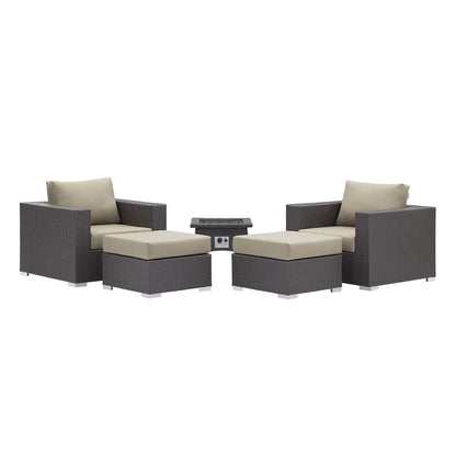 Convene 5 Piece Set Outdoor Patio with Fire Pit - Espresso Beige