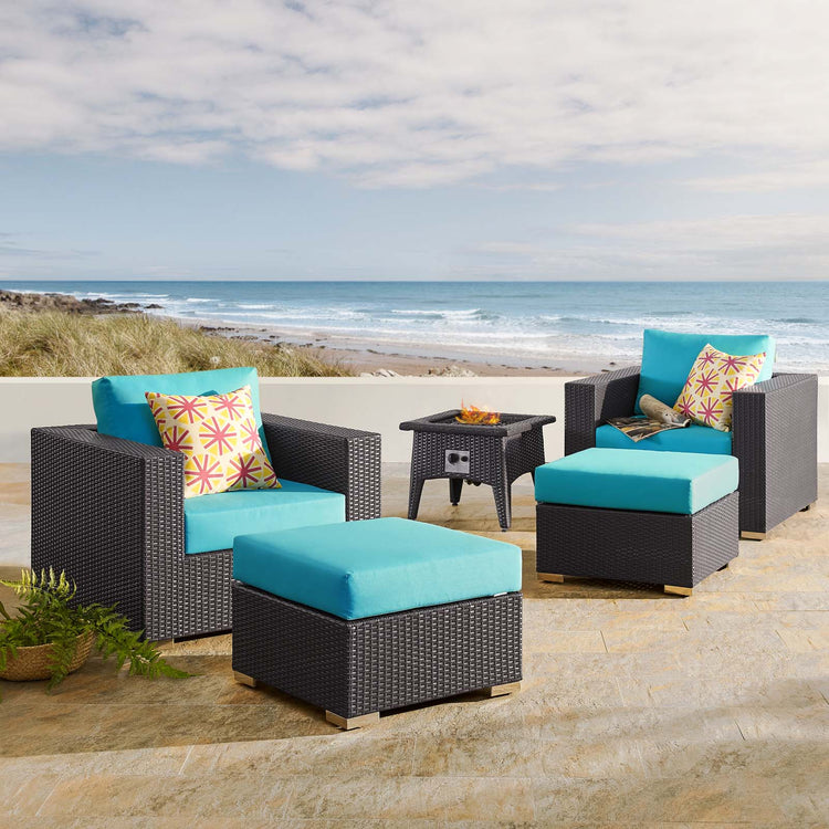 Convene 5 Piece Set Outdoor Patio with Fire Pit - Espresso Turquois