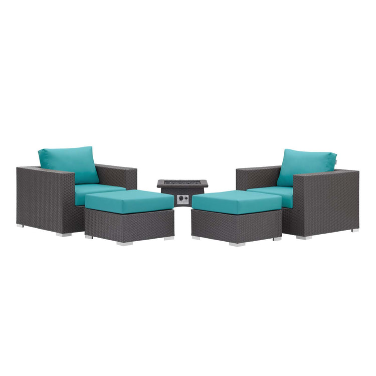 Convene 5 Piece Set Outdoor Patio with Fire Pit - Espresso Turquois