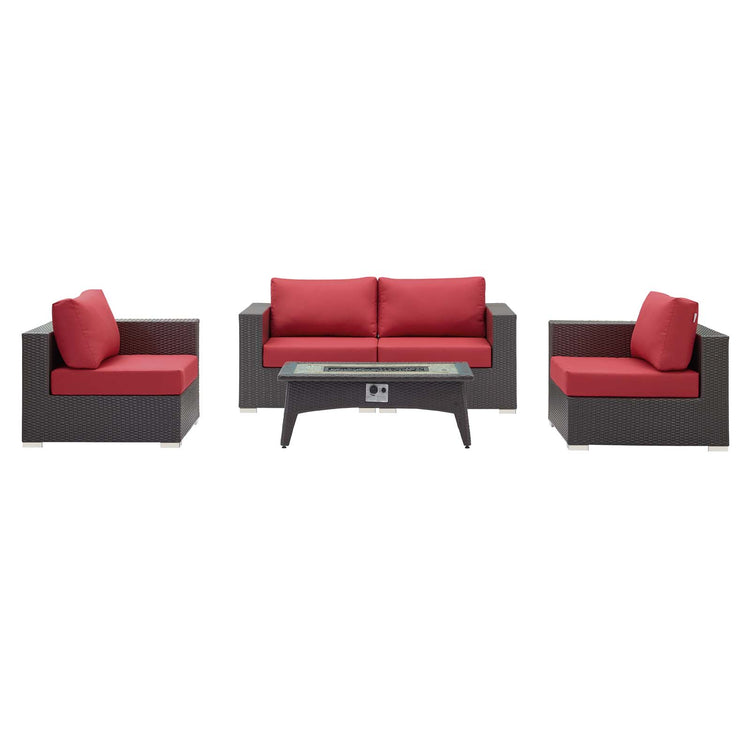 Convene 5 Piece Set Outdoor Patio with Fire Pit - Espresso Red