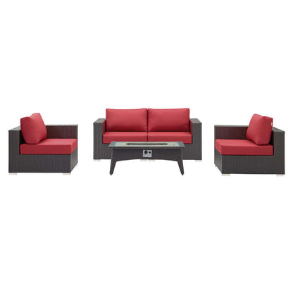 Convene 5 Piece Set Outdoor Patio with Fire Pit - Espresso Red