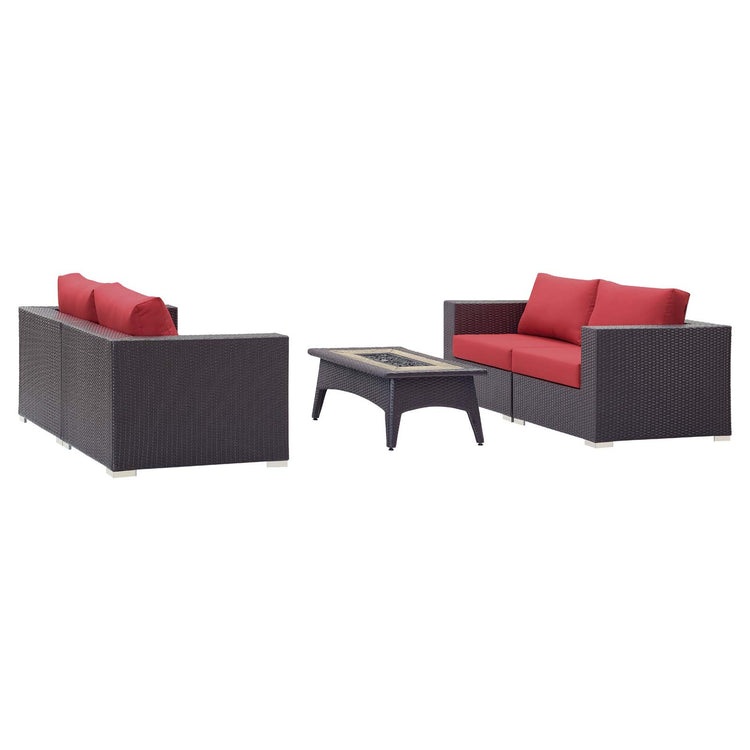 Convene 5 Piece Set Outdoor Patio with Fire Pit - Espresso Red