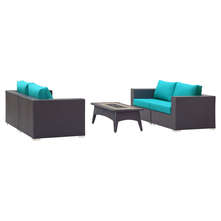 Convene 5 Piece Set Outdoor Patio with Fire Pit - Espresso Turquoise