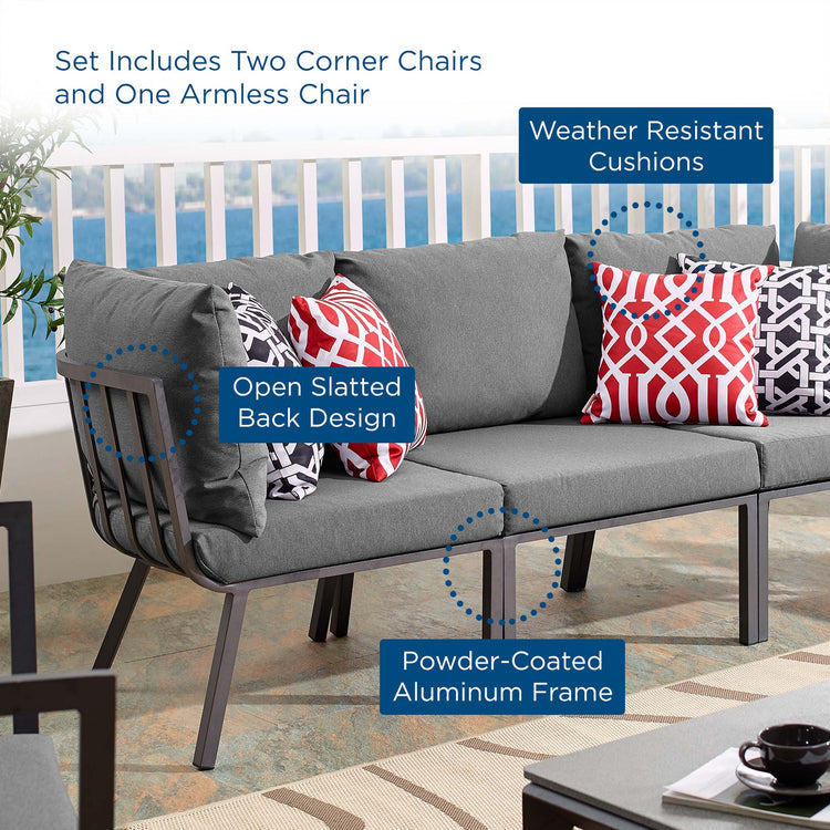 Riverside 3 Piece Outdoor Patio Aluminum Sectional Sofa Set - Gray Charcoal